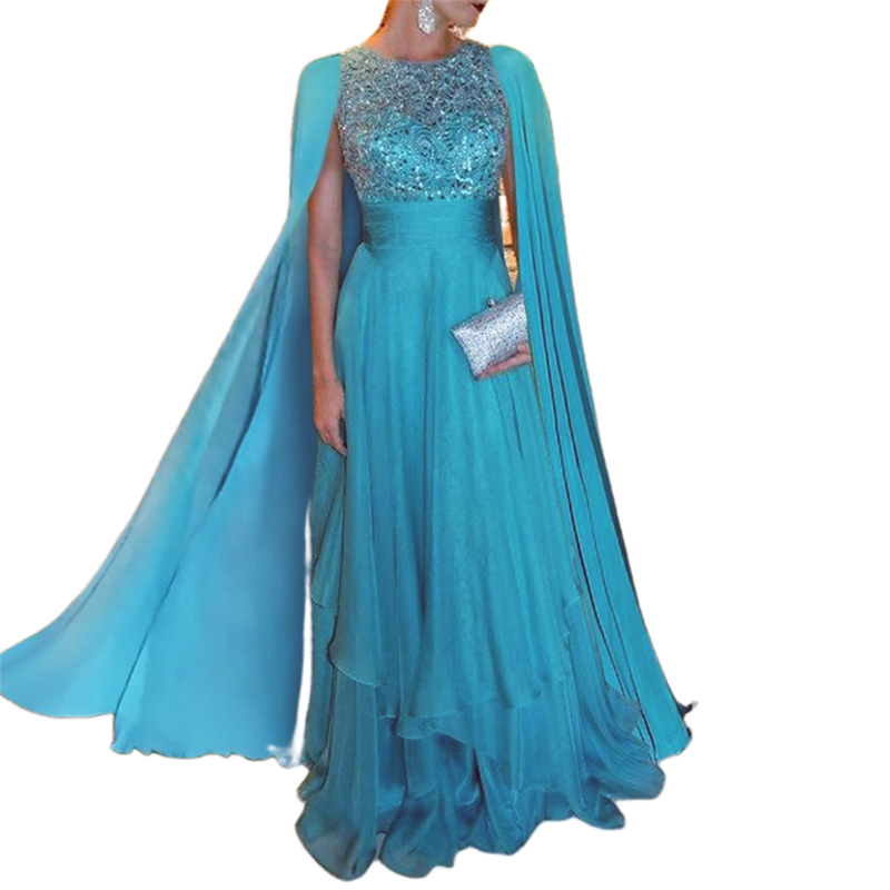 Elegant Chiffon Long Evening Dresses Beaded Jewel Neck Empire Waist A Line Floor Length Prom Dress Cape Sleeves Special Occasion Gown For Women