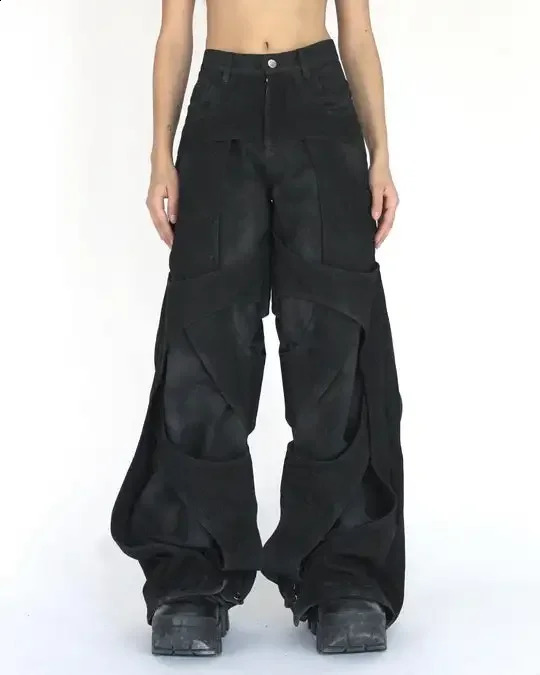 Y2K trend mens Gothic hip-hop retro hollow oversized loose jeans Harajuku fashion wide leg wide pants 241203
