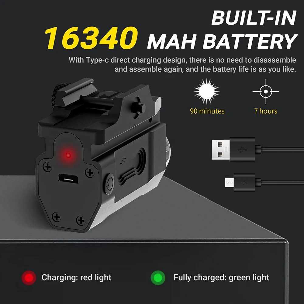 800 Lumens Pistol Flashlight Laser Combo USB Rechargeable Weapon Gun Light with Red/Green Laser Beam Compact 20mm Rail LED TorchW241227