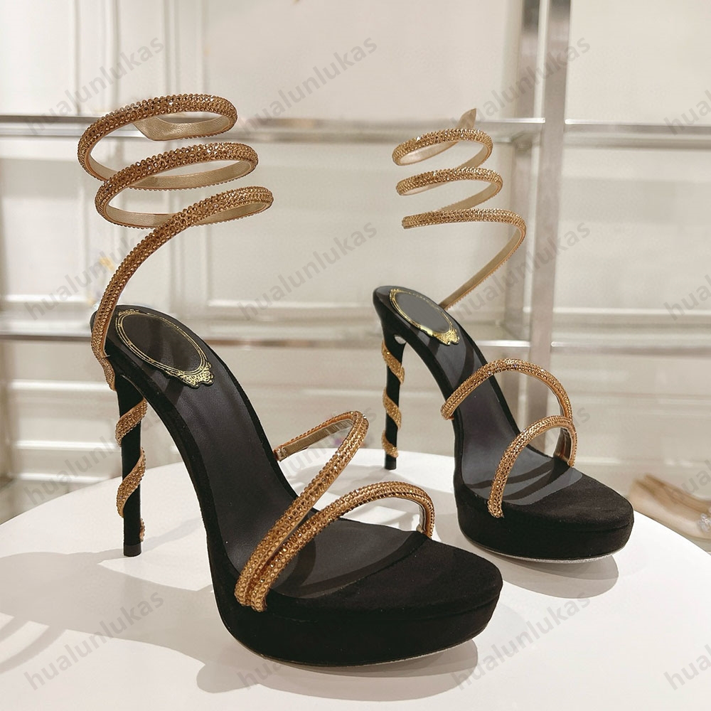 rhinestone Wraparound embellished Platform sandals Strass stiletto Heel Evening shoes for women heeled Luxury Designer Ankle Strap sandals 35-42