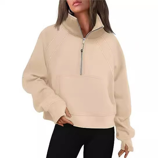 Designer yoga clothes for autumn winter, European and American women's clothing new half zipper short style stand up collar with fleece solid col