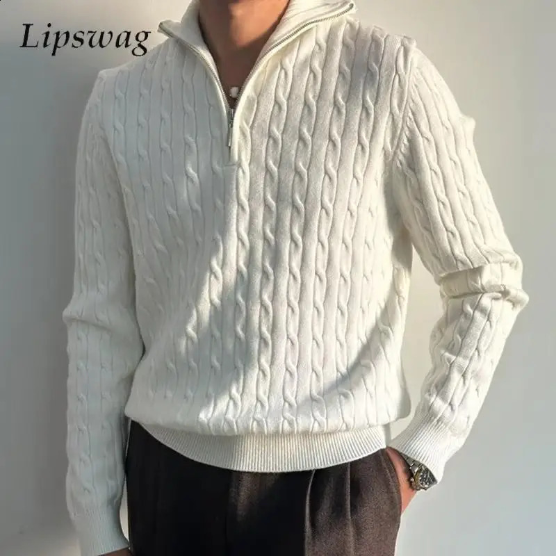 Streetwear Fashion Sweater Mens Polo Sweater Knitted Long Sleeve Zipper Collar Knitted Jumping Top Mens Spring and Autumn Retro Sweater 241203