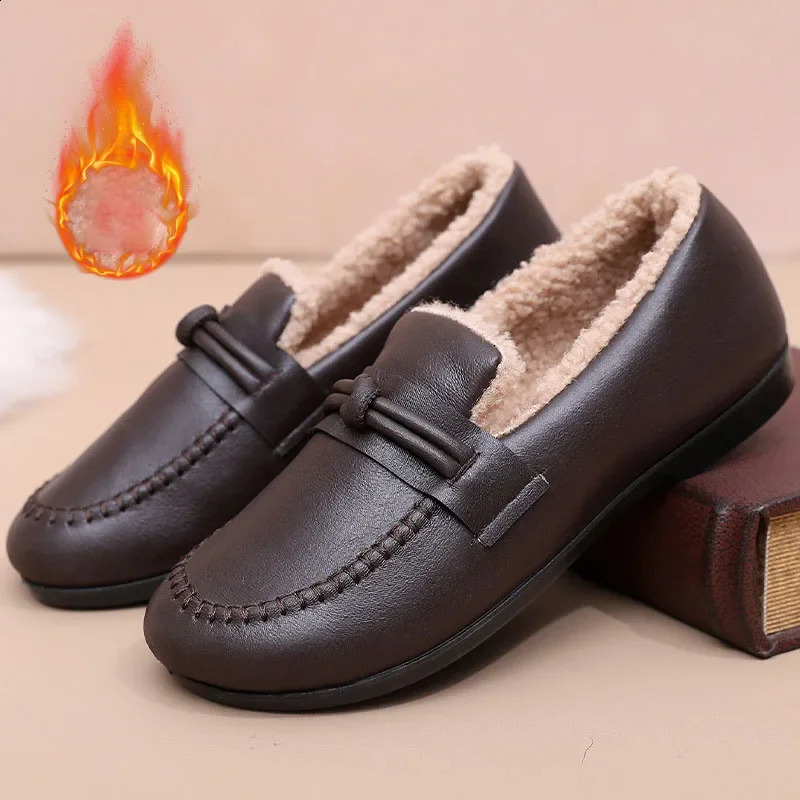 Winter Women Cotton Shoes Moccasins Soft Flat Non-slip Loafers Fashion Comfort Warm Plush Bow Slip on Female Flats Casual Shoes 241204