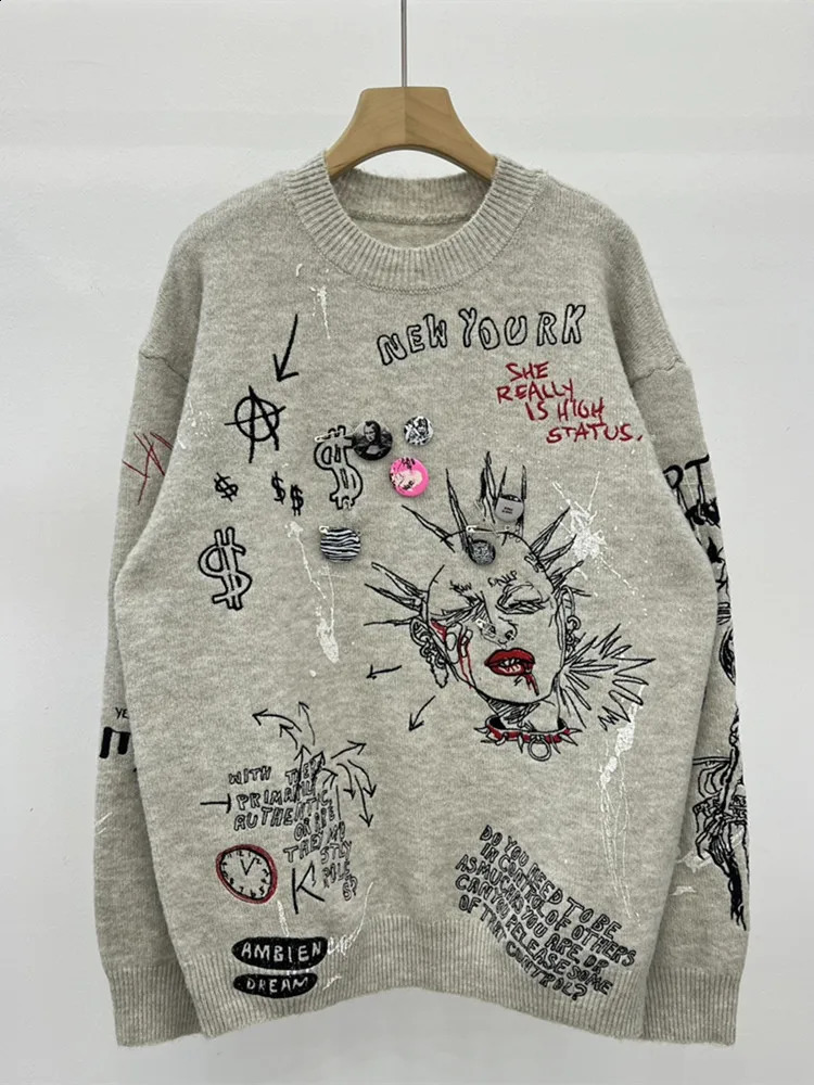 Wool Blends Women Letter Sweater ONeck Embroidery Hand Drawn Street Graffiti Female Long Sleeve Pullover Autumn Winter 241203