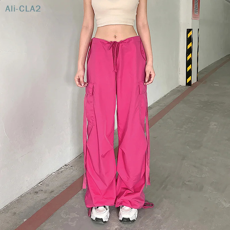 Retro pocket cargo pants brushed high waisted streetwear Harajuku bag wide leg Trouser womens Y2k Korean fashion bottom 241203