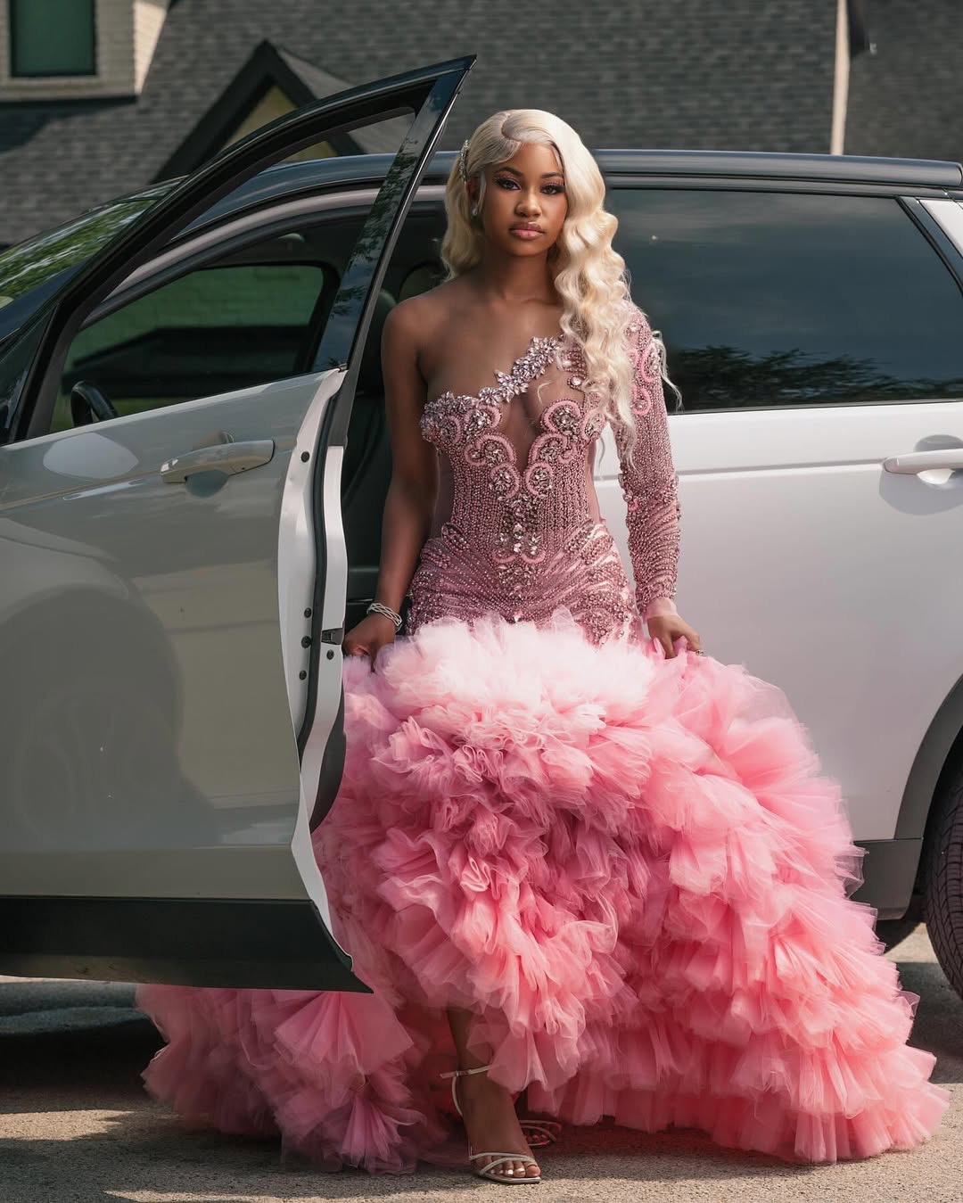 Pink Mermaid Prom Dresses 2024 Rhinestones One Shoulder Tiers Tulle Evening Formal Party Second Birthday Engagement Gowns Plus Size Dress For Special 