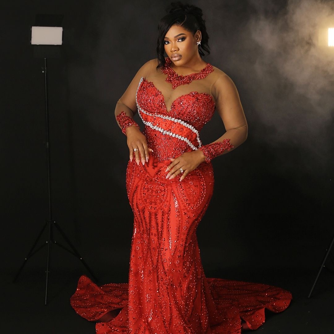 Red Mermaid Prom Dresses 2024 Rhinestones Full Sleeves Sequined Evening Formal Party Second Birthday Engagement Gowns Plus Size Dress For Special Occa