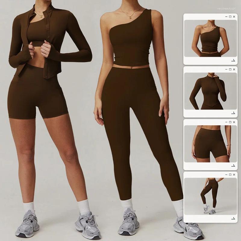 Active Sets 2PCS Yoga Set Women Sportswear Fitness Gym Clothes Crop Sports Workout High Waist Leggings Long-sleeved Jacket Shorts Suit 8408