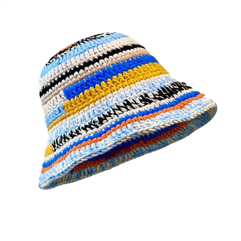 Autumn Winter Colored Handmade Striped Knitted Bucket Hats Versatile Crochet Thick Women Fisherman Hats 241203