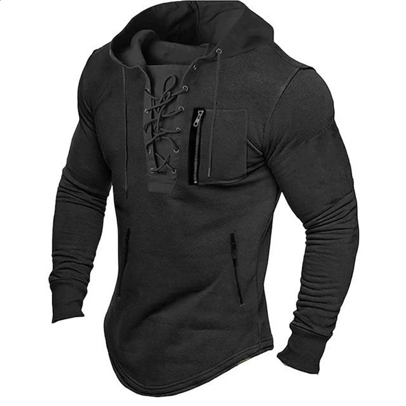Autumn Mens Spring Lace Top Brushed Solid Color Long Sleeve Zipper Pocket Pullover Streetwear Mens Medium Length Hoodie 241203