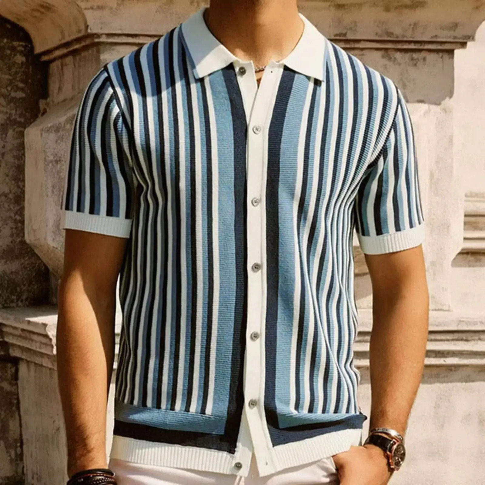 Summer Mens Knitted Polo Shirt Retro Button Collar Shirt Striped Splicing Color Short Sleeve Casual Knitted 241203