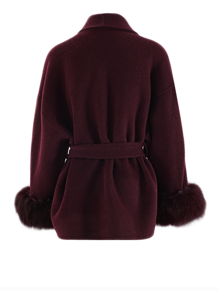 EAM Wine Red Fur Cuff Big Size Belted Woolen Coat New Lapel Long Sleeve Women Jacket Fashion Tide Autumn Winter 2024 Cpg2347