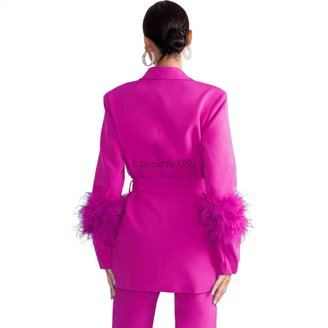 Elegant Womens 2-piece Solid Notched Collar Jacket Zipper Pants Feather Upright Coat Womens Set Autumn/Winter Office Clothes 241203