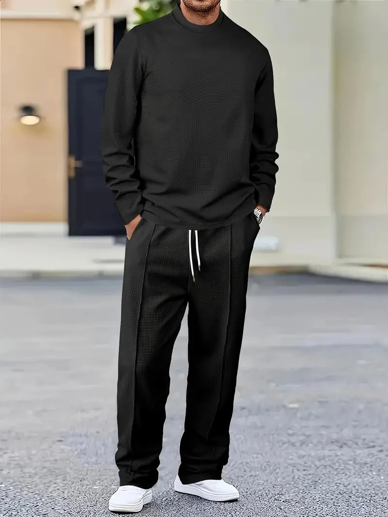 Waffle biscuit solid color long sleeved pants set mens spring and autumn casual fashion set 241203