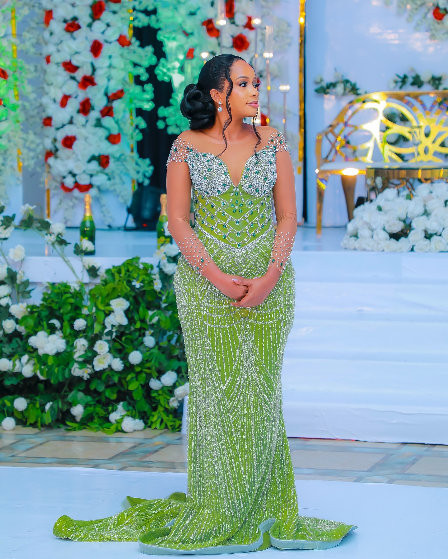 Green Mermaid Prom Dresses 2024 Rhinestones Beaded Full Sleeves Evening Formal Party Second Birthday Engagement Gowns Plus Size Dress For Special Occa