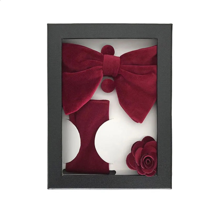 Velvet Bow Four Piece Set Includes Bow Square Scarf Brooch Sleeve Nails for Groom Wedding Business Banquet Gift Box241204