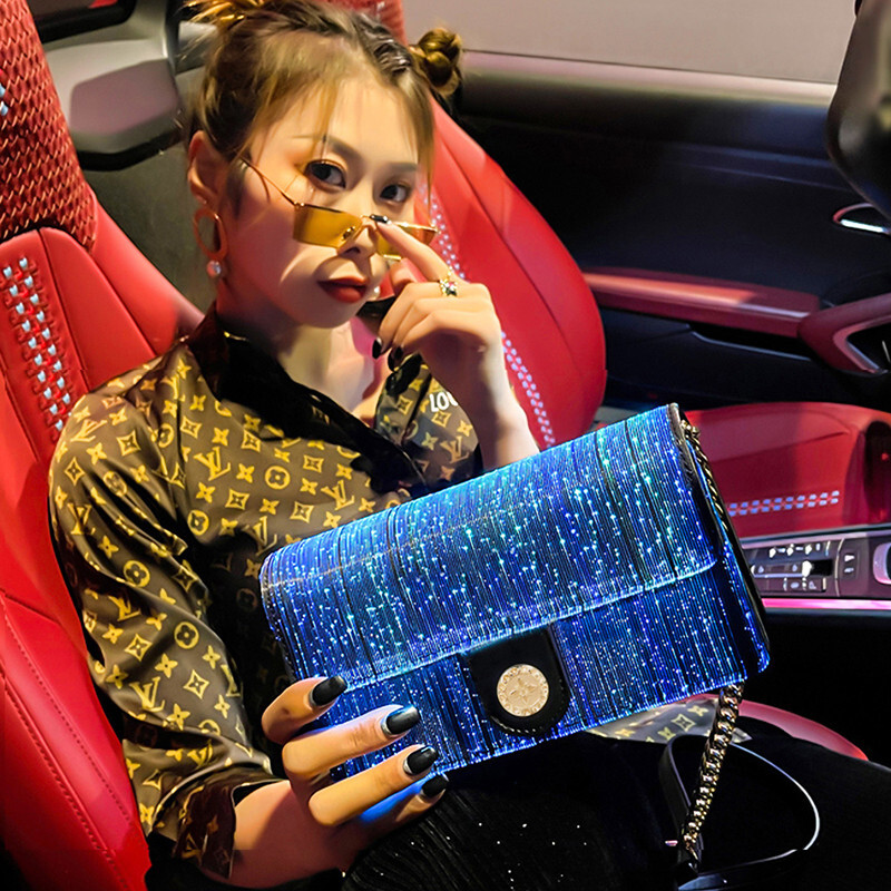 Colorful Luminous Square Bags For Women LED Light New Fashion Shoulder Optical Fiber Fabric Crossbody Bag PU BagVoyage