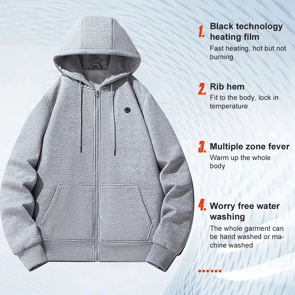 Outdoor electric USB heated sweater hoodie mens winter warm clothing charging jacket sports shirt M-3XL 241203