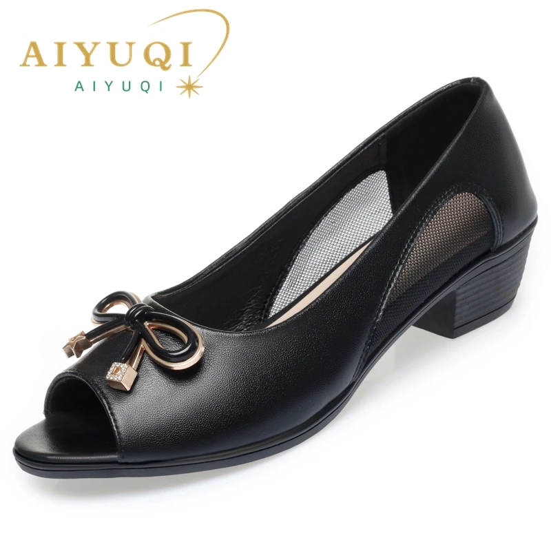 AIYUQI Summer Sandals Women Wedges Genuine Leather Mom Sandals Fish Mouth Mid-heel Large Size Women's Sandals
