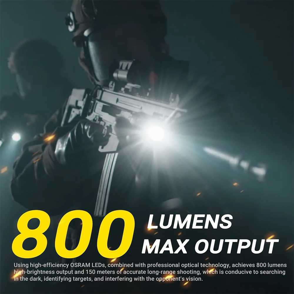800 Lumens Pistol Flashlight Laser Combo USB Rechargeable Weapon Gun Light with Red/Green Laser Beam Compact 20mm Rail LED TorchW241227