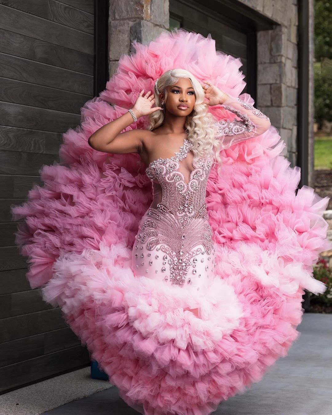 Pink Mermaid Prom Dresses 2024 Rhinestones One Shoulder Tiers Tulle Evening Formal Party Second Birthday Engagement Gowns Plus Size Dress For Special 