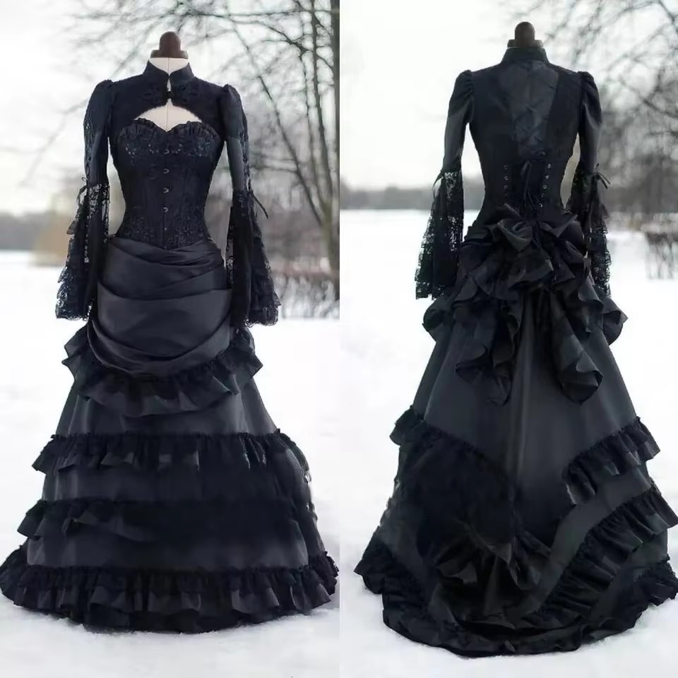 Customized Black Vintage Gothic Wedding Dresses High Neck Satin Lace Ruffles Tiered Bridal Gowns vestidos de novia bodlla grande