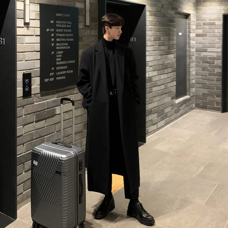 FEWQ Mens Woolen Coat Knee Korean Fashion Winter Thick Windbreaker Solid Color Long Sleeve Male Trench Casual 24E5103 241204
