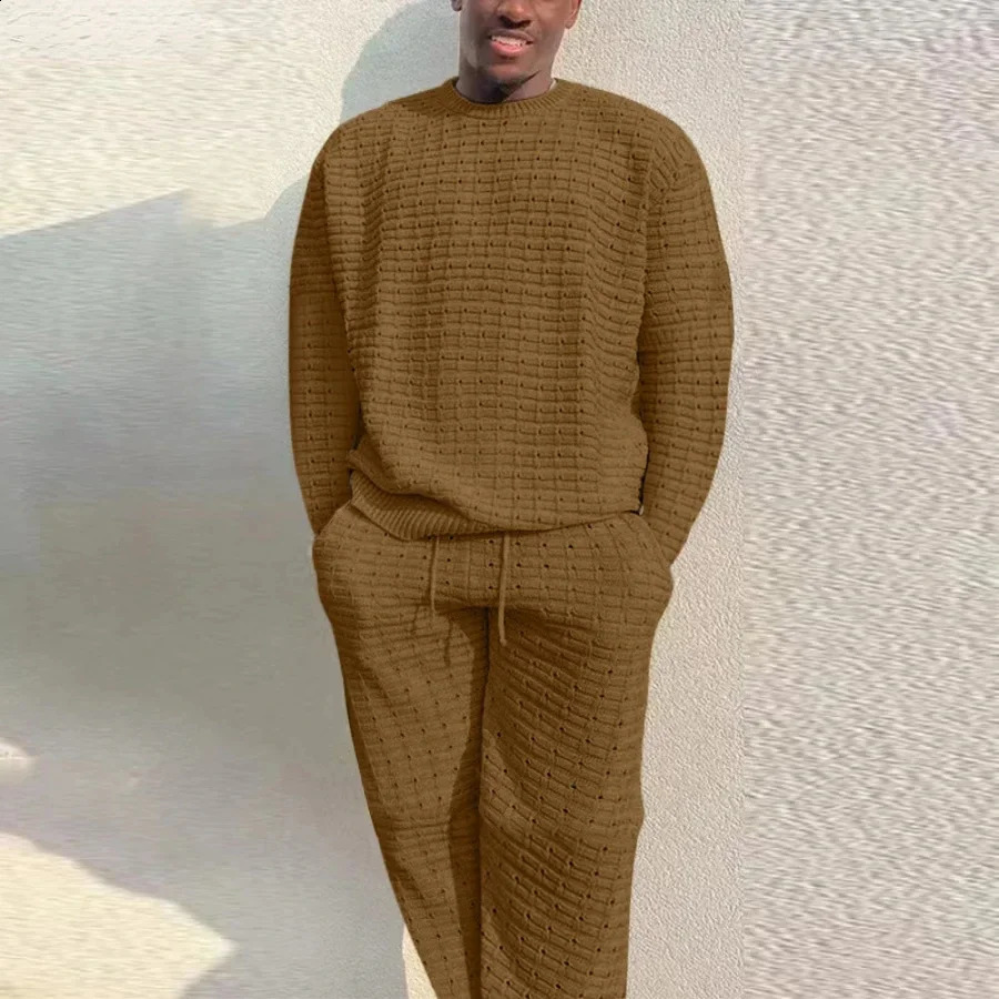 Spring Mens Knitted Two Piece Casual O-neck Long sleeved T-shirt Drawstring Pants Set Fashion Mens Clothing Set 241203