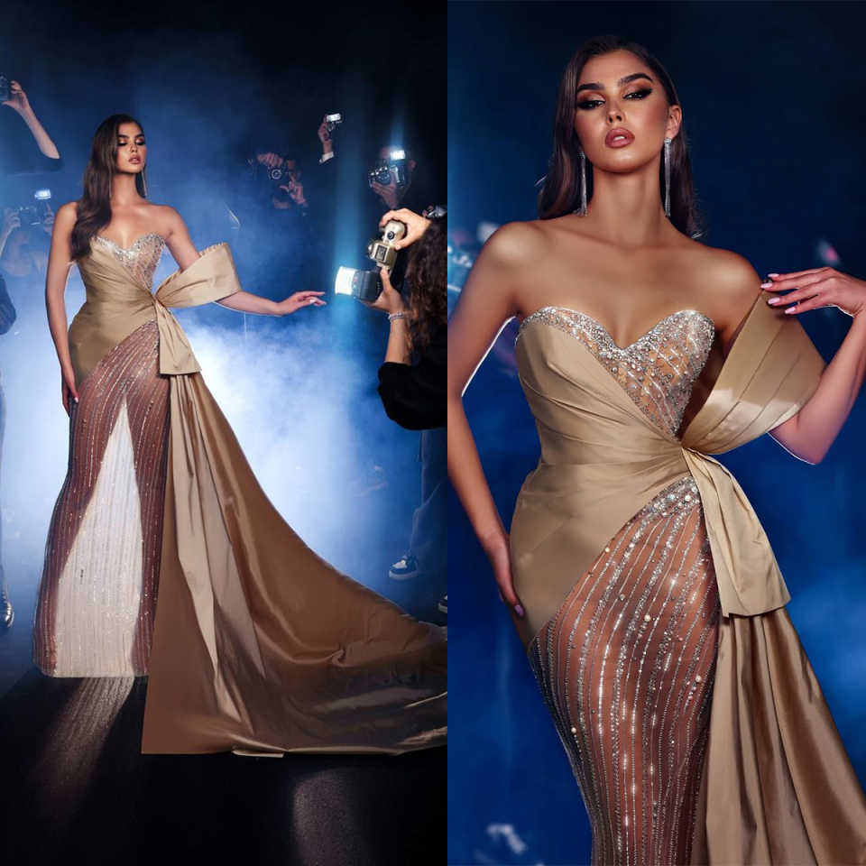 Fashion Mermaid Evening Dresses For Women Sweetheart Sleeveless Gown Sequins Pleat See Through Sweep Train Customized Dress