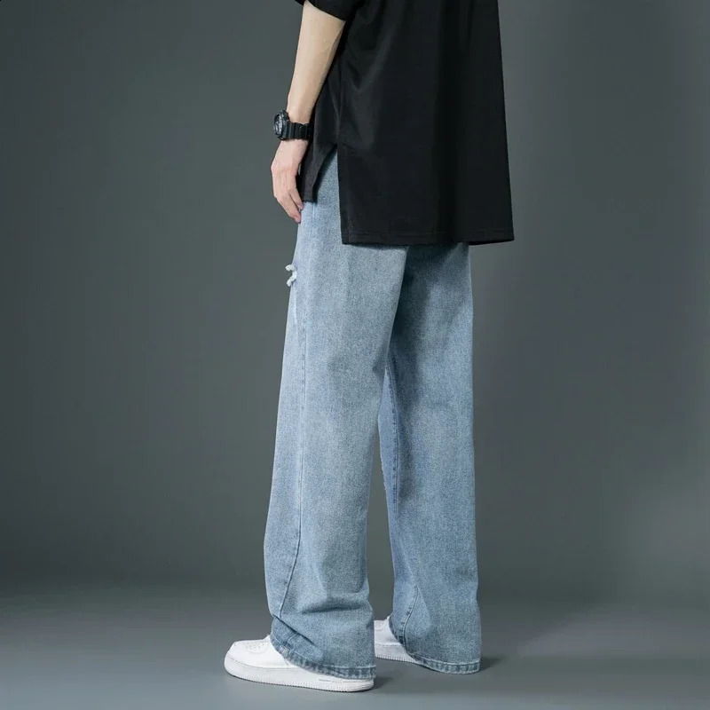 Spring/Summer Thin Tear Jeans Korean Street Fashion Loose Cowboy Trouser Bag Casual Pants S108 241203