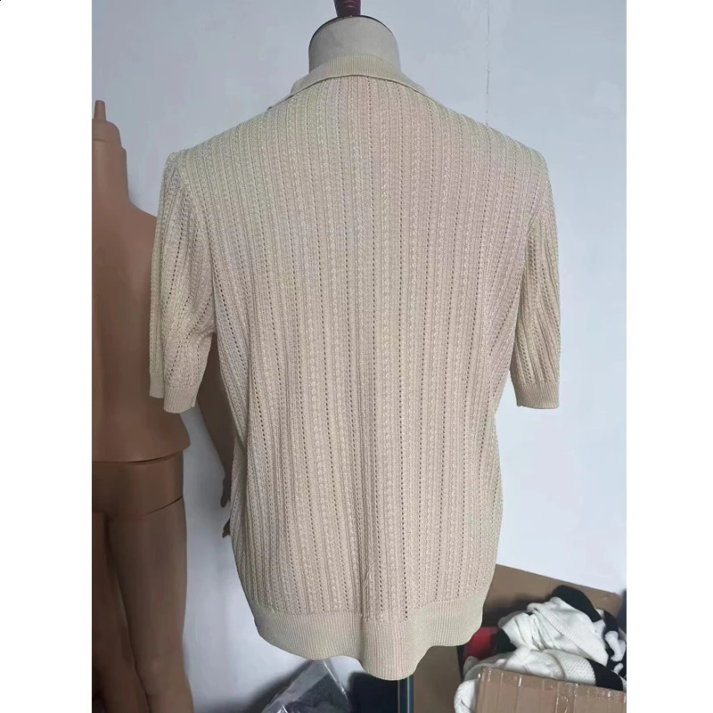 Summer short sleeved mens polo shirt fashionable solid color striped loose cardigan mens casual knitted polo top 241203