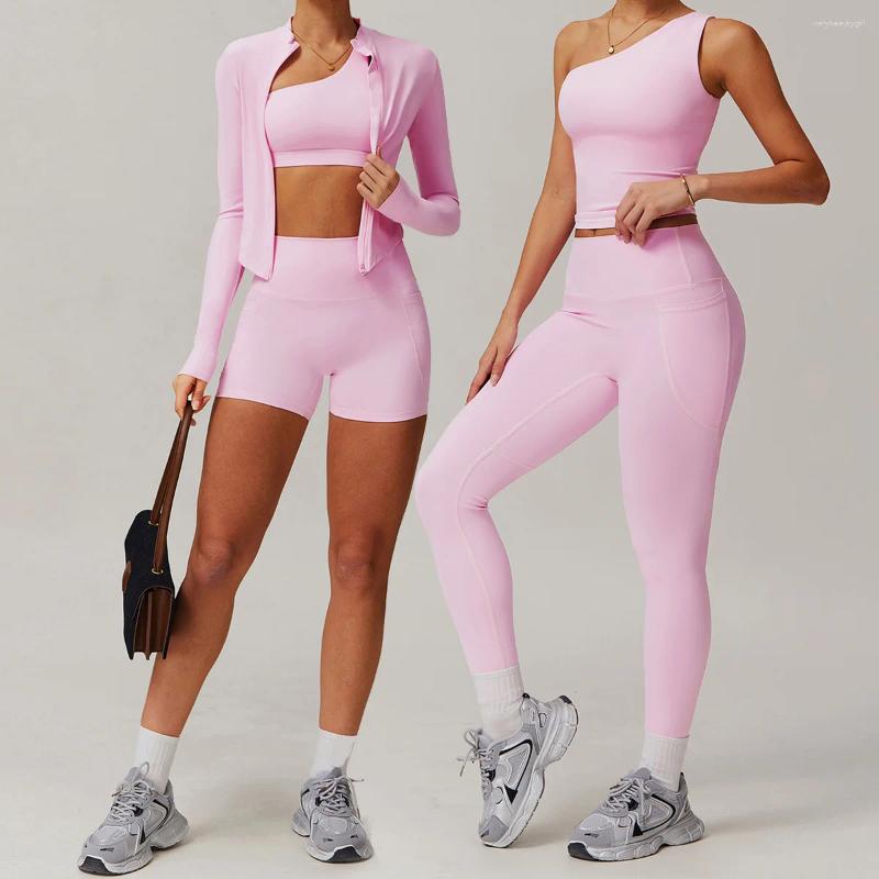 Active Sets 2PCS Yoga Set Women Sportswear Fitness Gym Clothes Crop Sports Workout High Waist Leggings Long-sleeved Jacket Shorts Suit 8408