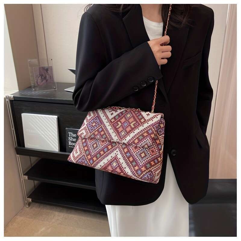 Ethnic style canvas crossbody Bohemian chain shoulder bag, geometric embroidery women's handbag wallet