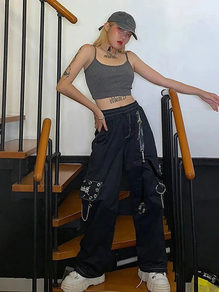 QWEEK Harajuku Gothic Black Cargo Pants Womens Y2K Hippie Chain Plus Size White Mens Extra Large Street Clothing Hip Hop Sports Pants 241203