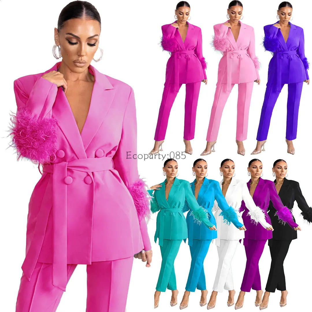 Elegant Womens 2-piece Solid Notched Collar Jacket Zipper Pants Feather Upright Coat Womens Set Autumn/Winter Office Clothes 241203