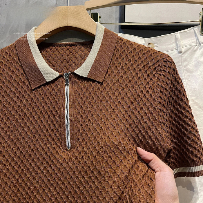 Mens casual V-neck knitted jacquard polo shirt solid color short sleeved solid color shirt breathable clothing B24 241203