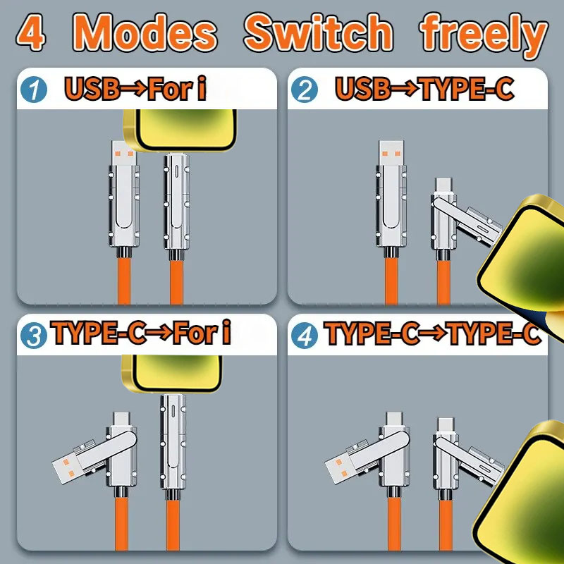 4 In 1 120W USB A/C to Type C Cable 3 IN 1 PD 100W Fast Charging Data Cable for iPhone 15 Pro Max Samsung S24