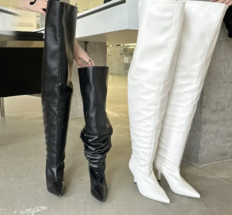 Sexy Thin Heels Over-the-Knee Boots Women Pleated Nightclub Shoes Autumn Winter Pointed Toe Thigh High Long Booties