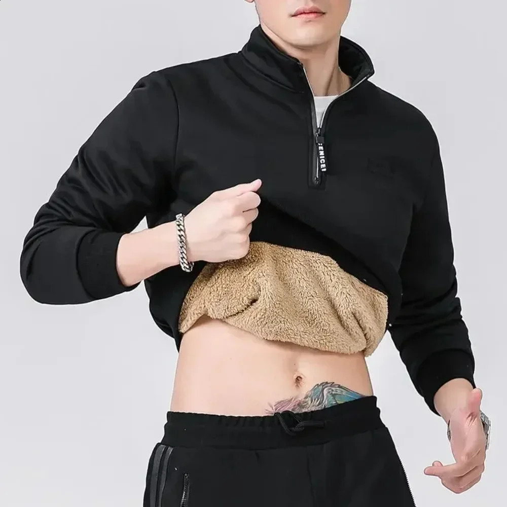 Winter sweatshirt mens long sleeved mens wool lined warm sweatshirt solid color quarter zip sweatshirt thick Plus size 8XL 241203