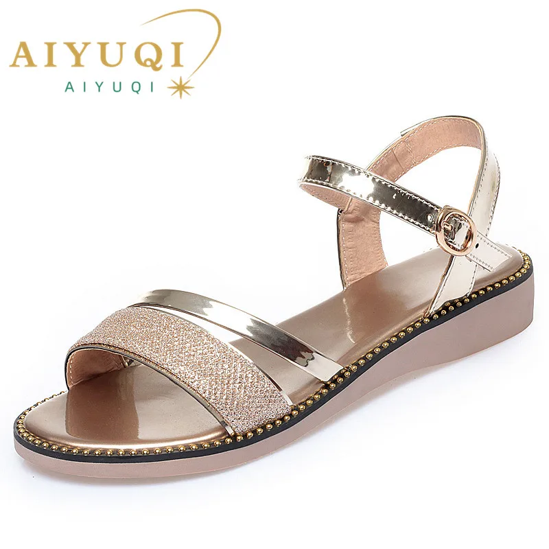 AIYUQI Women's Sandals Flat Golden Female Summer Sandals Fashion Sweet Silver Big Size Sandals Women