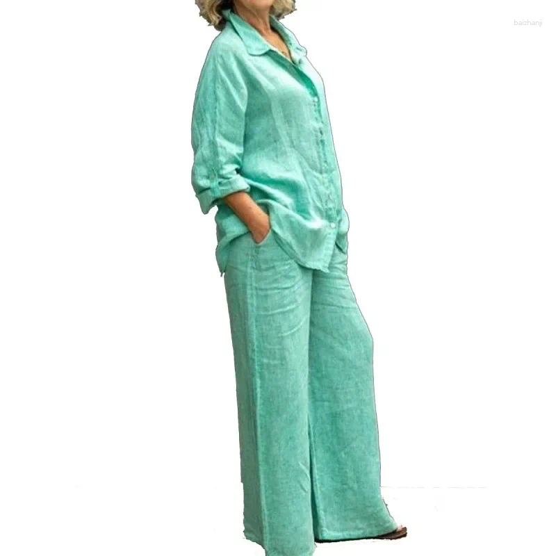 Womens Two Piece Pants 2pcs Women Clothes Set Solid Color Cotton Linen Loose Long Sleeve Shirt W