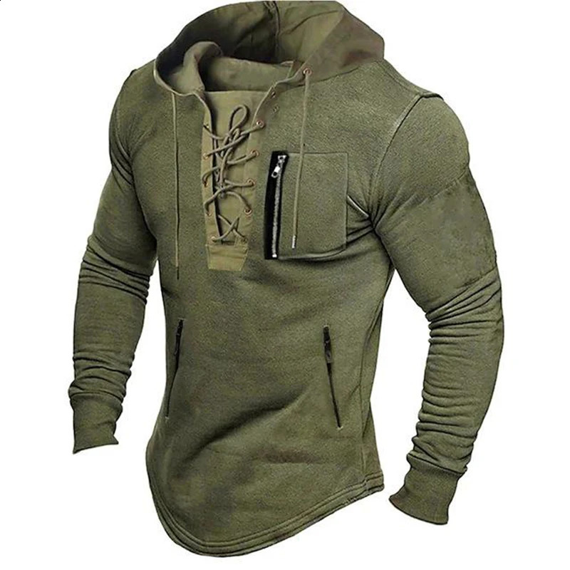 Autumn Mens Spring Lace Top Brushed Solid Color Long Sleeve Zipper Pocket Pullover Streetwear Mens Medium Length Hoodie 241203