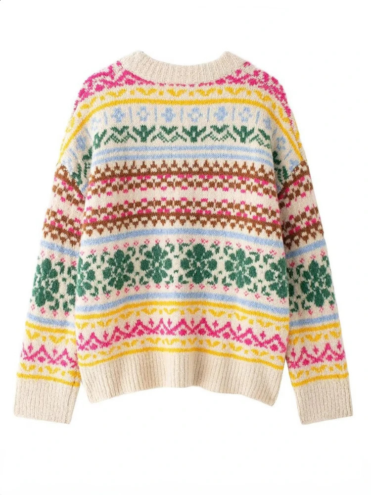 Women Oversize Jacquard Knit Sweater Oneck Long Sleeves Multicolor Elastic Hem Christmas Pullover Fall Winter Chic 241203