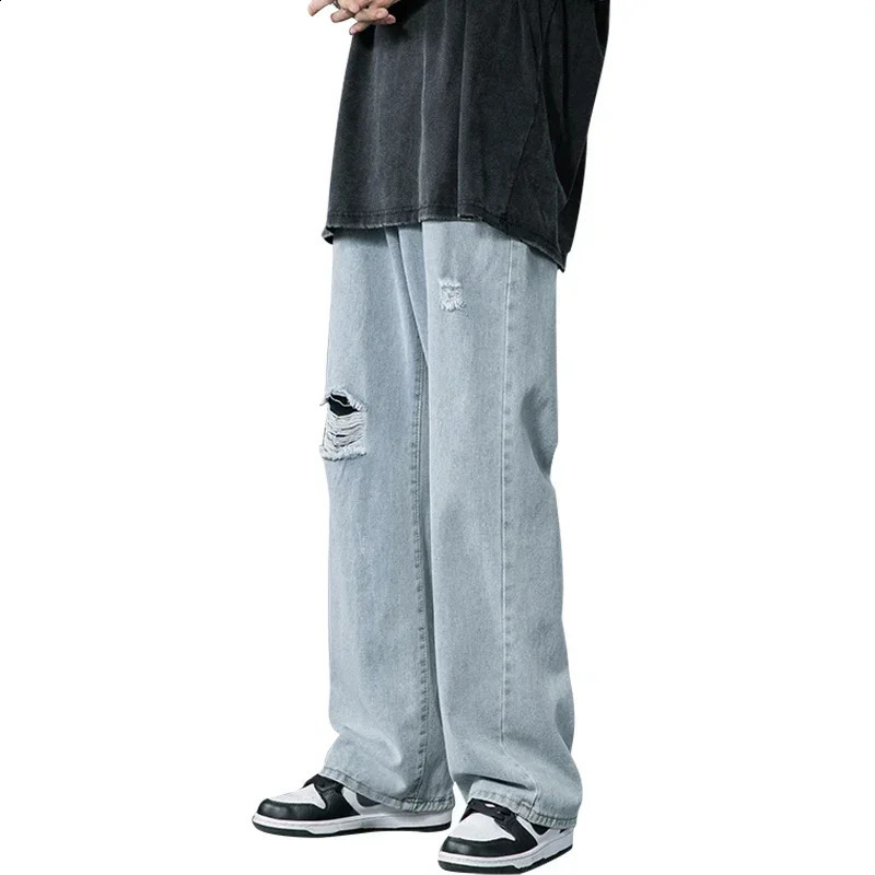 Spring/Summer Thin Tear Jeans Korean Street Fashion Loose Cowboy Trouser Bag Casual Pants S108 241203