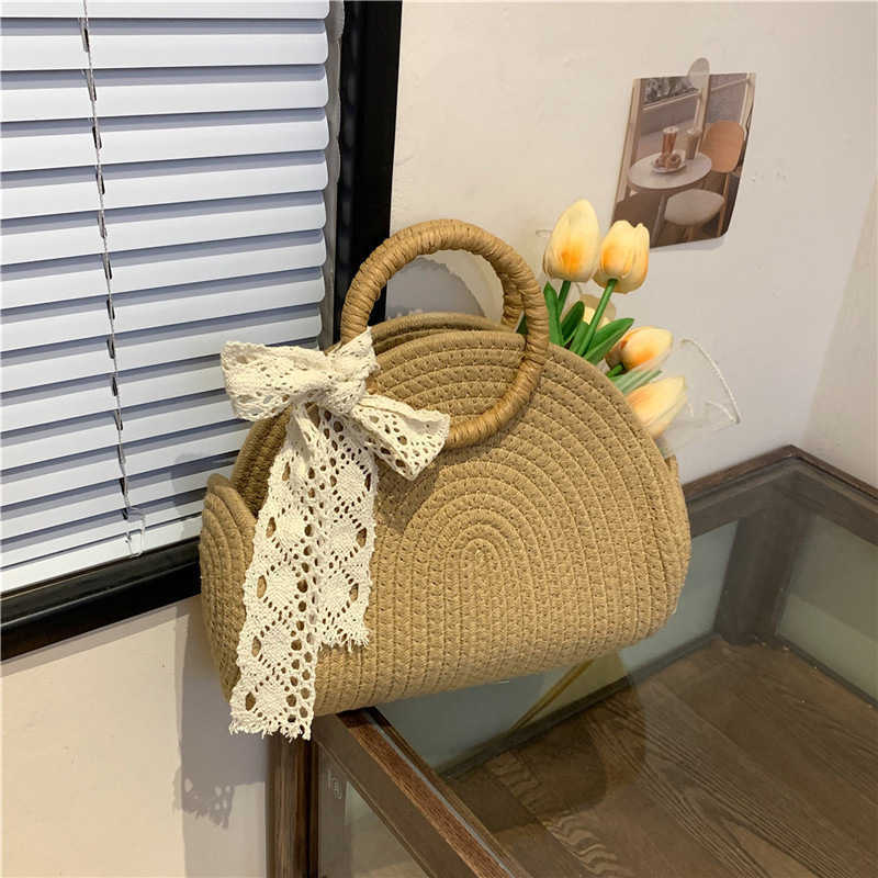 Summer small grass woven bag women's new tidal cotton woven bag beach bag large capacity one shoulder basket bag
