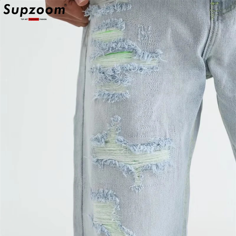Supzoom has arrived at the top of fashion in autumn washing light white personalized eyelets patch fabric casual denim heart empty jeans 241203