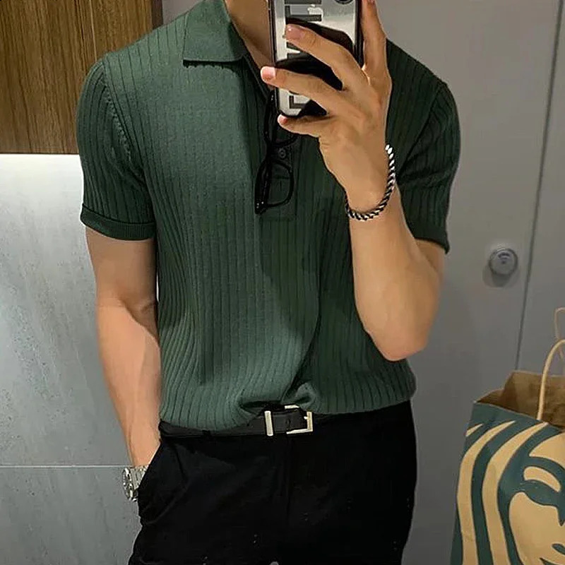 2025 mens clothing knitted polo shirt casual striped button solid color short sleeved mens breathable T-shirt M-3XL 241203