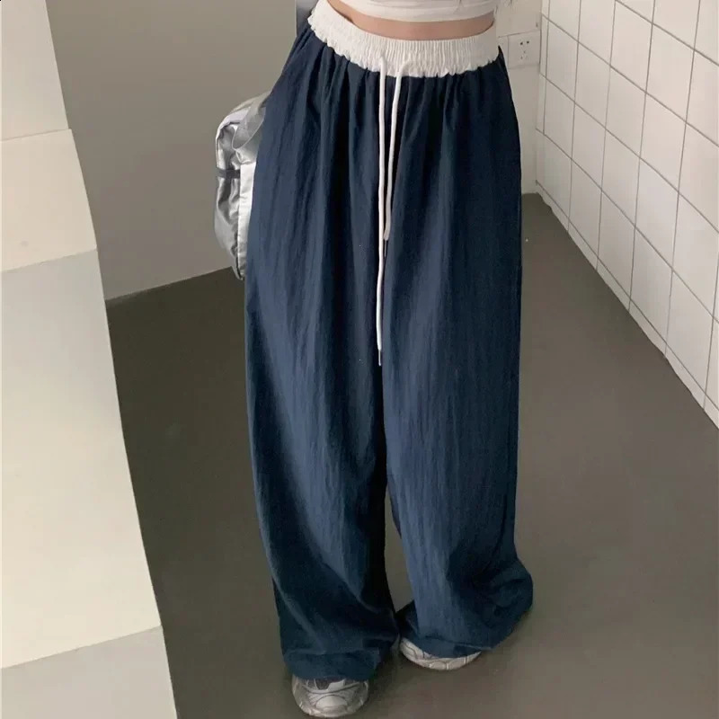 patch work elastic waist wide leg casual pants womens four season texture dress straight mop pants loose Trouser pants 241203