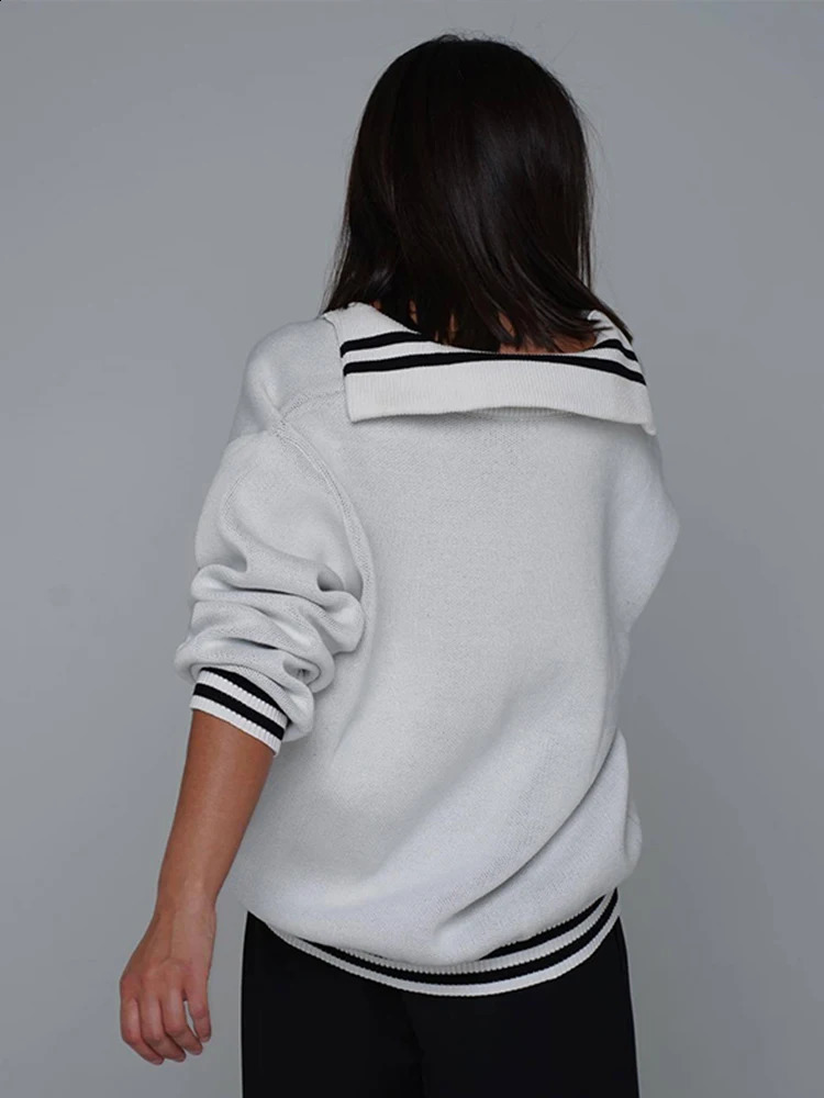 Knitted Vneck Womens Sweater Letter Striped turtleneck Pullover Casual Loose Long Sleeve Hoodies Street Vintage Women Sweaters 241203