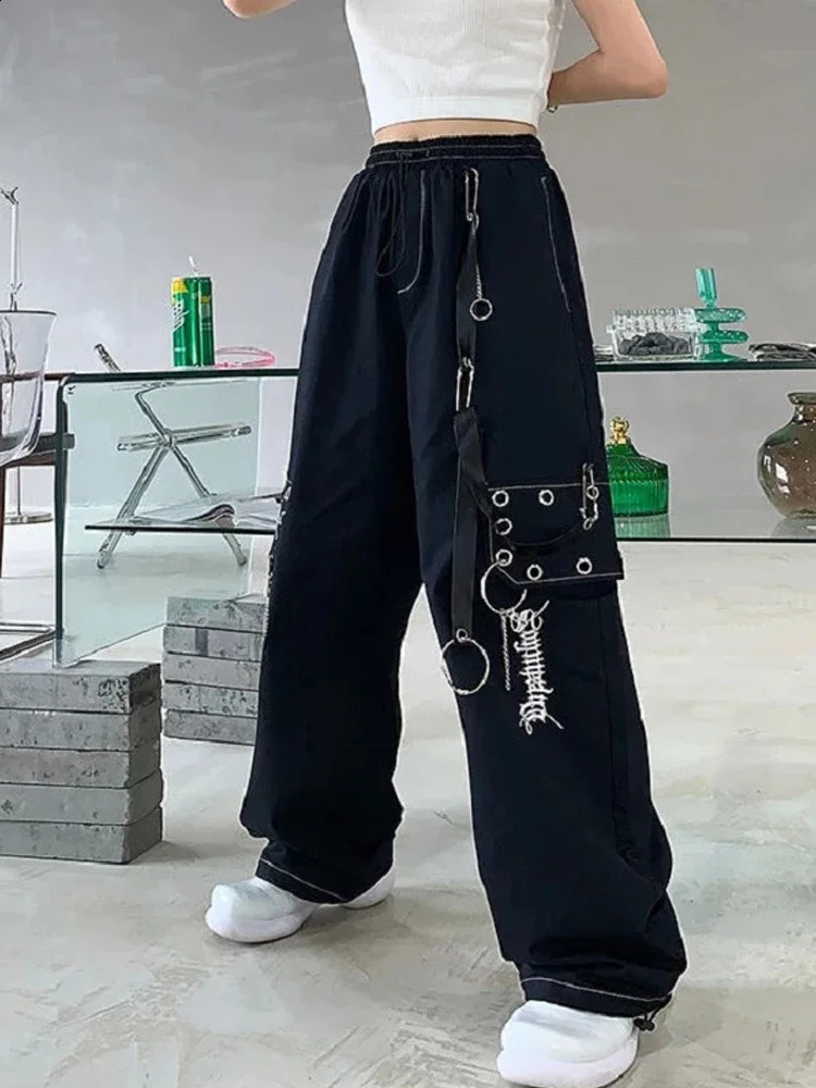 QWEEK Harajuku Gothic Black Cargo Pants Womens Y2K Hippie Chain Plus Size White Mens Extra Large Street Clothing Hip Hop Sports Pants 241203